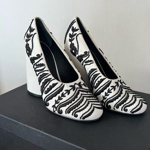 Tory Burch Lucia beaded canvas chunky heels